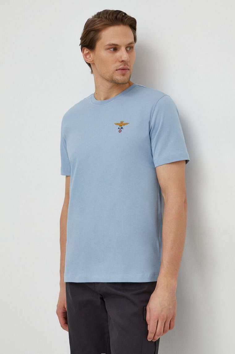 Aeronautica Militare t-shirt bawełniany męski kolor niebieski z aplikacją