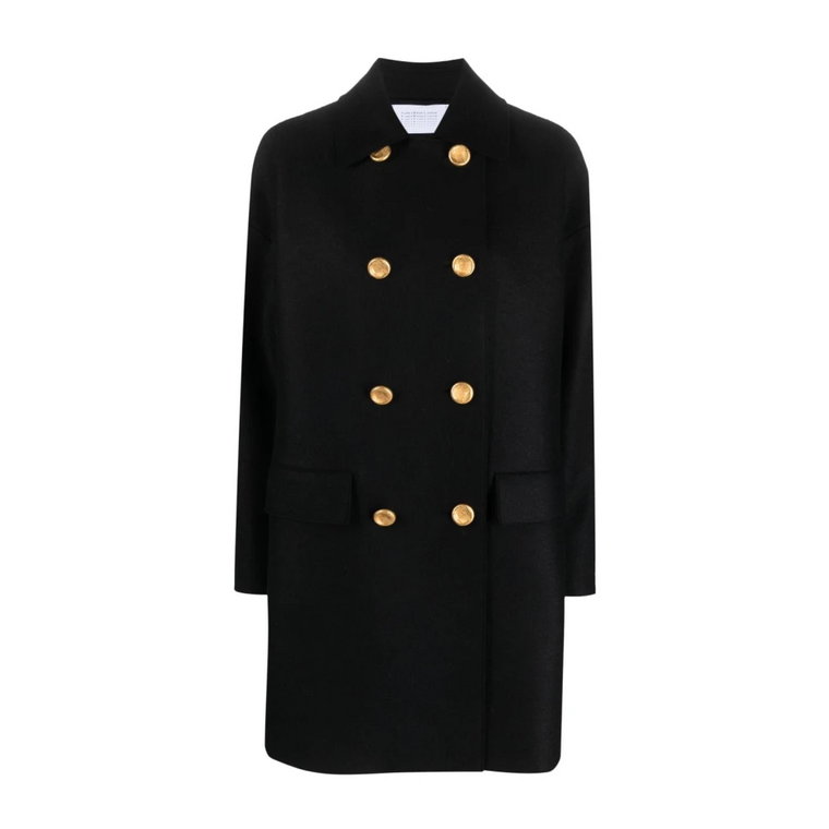 Czarny wełniany płaszcz Mac z złotymi guzikami dla kobiet Harris Wharf London