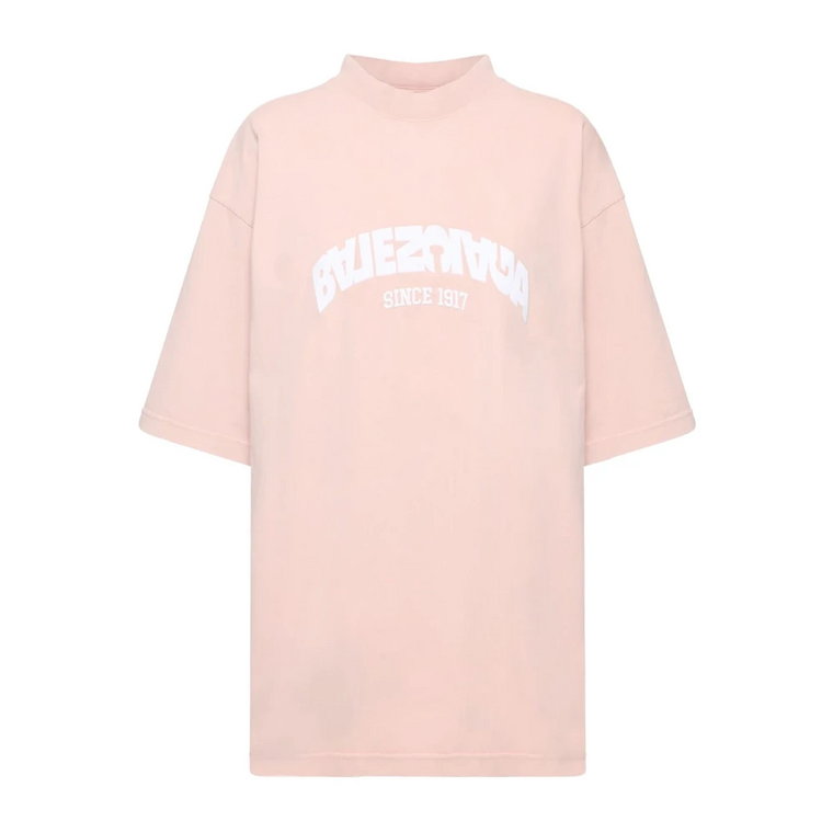 Różowa T-shirt z żebrowanym dekoltem i haftowanym logo Balenciaga