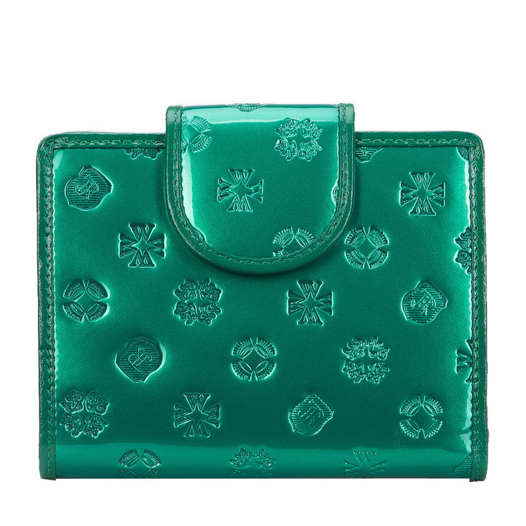 Damski portfel z lakierowanej skóry w monogram zapinany na napę zielony