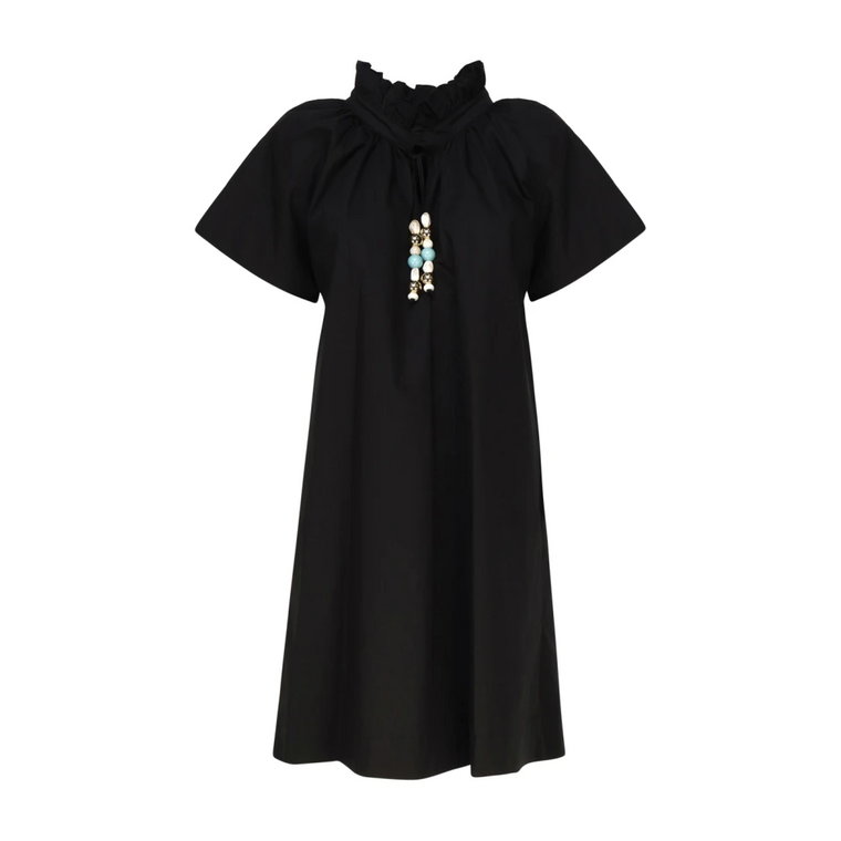 Czarna Bawełniana Sukienka z Poplinu z Dekoltem w Serek Mariuccia Milano