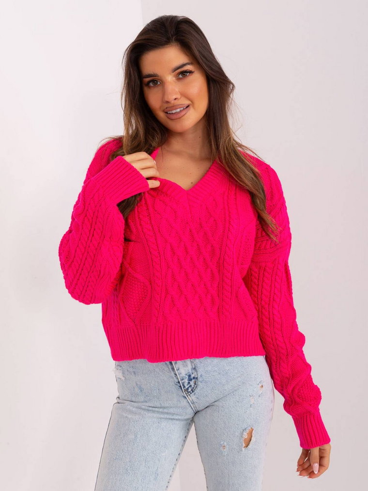 Sweter z warkoczami fuksjowy casual dekolt w kształcie V rękaw długi długość krótka
