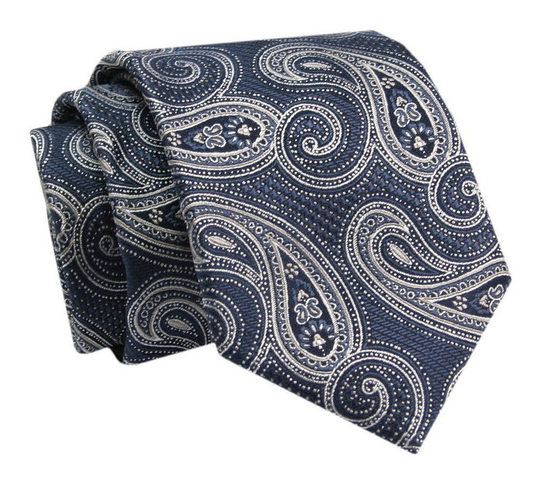 Krawat - ALTIES - Ciemnoniebieski w Duży Wzór Paisley