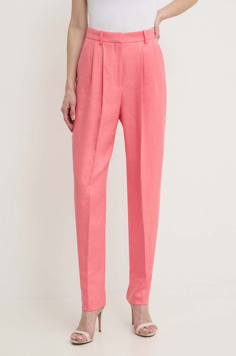 BOSS spodnie lniane kolor fioletowy proste high waist 50512869