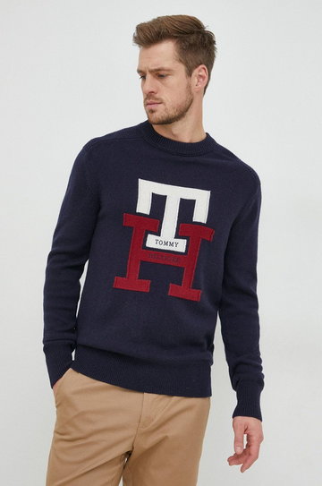 Tommy Hilfiger sweter wełniany męski kolor granatowy lekki