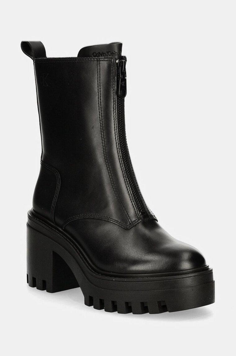 Calvin Klein Jeans botki skórzane CHUNKY HEELED ZIP BOOT LTH damskie kolor czarny na słupku YW0YW01541