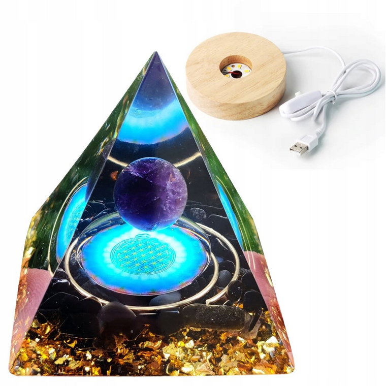 Piramida ORGONIT +LED Lampka PODSTAWA 5cm KRYSZTAŁ KAMIENIE AMULET 5cm HX09