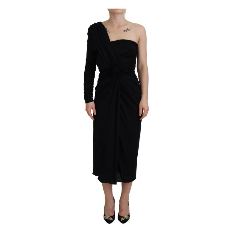 Czarna Sukienka z Jednym Ramieniem z Wełny Dolce & Gabbana