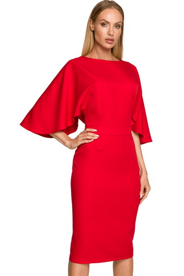 Sukienka elegancka ołówkowa z szerokimi rękawami czerwona z pelerynką
