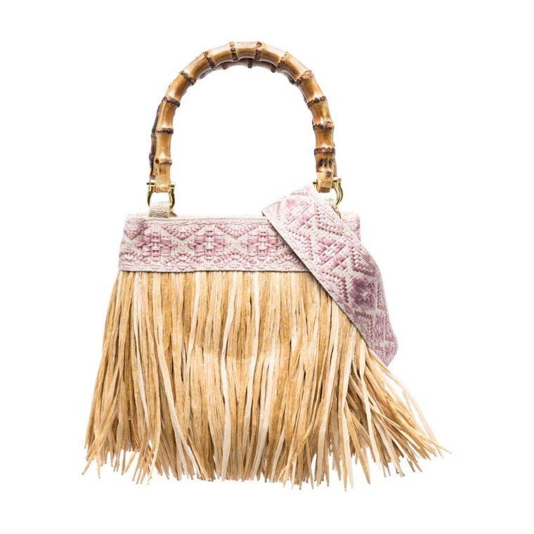 Beige Straw Fringe Geometric Embroidery Torba La Milanesa