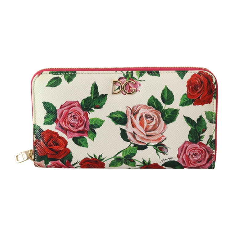 White Leather Floral Roses Zip Around Continental Wallet Dolce & Gabbana