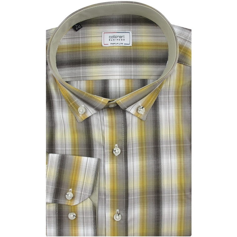 Koszula Męska Codzienna Bawełniana Casual żółta w kratkę z długim rękawem w kroju SLIM FIT Cottonart E813