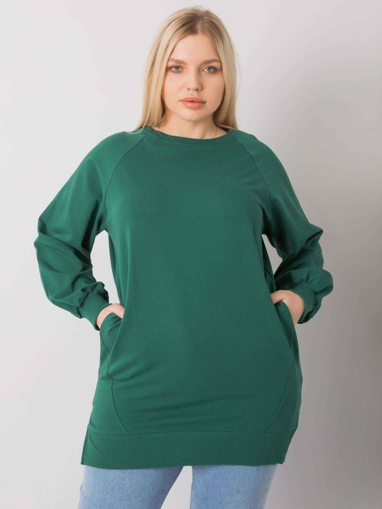 Bluzka plus size ciemny zielony bez kaptura wkładane przez głowę dekolt okrągły rękaw długi