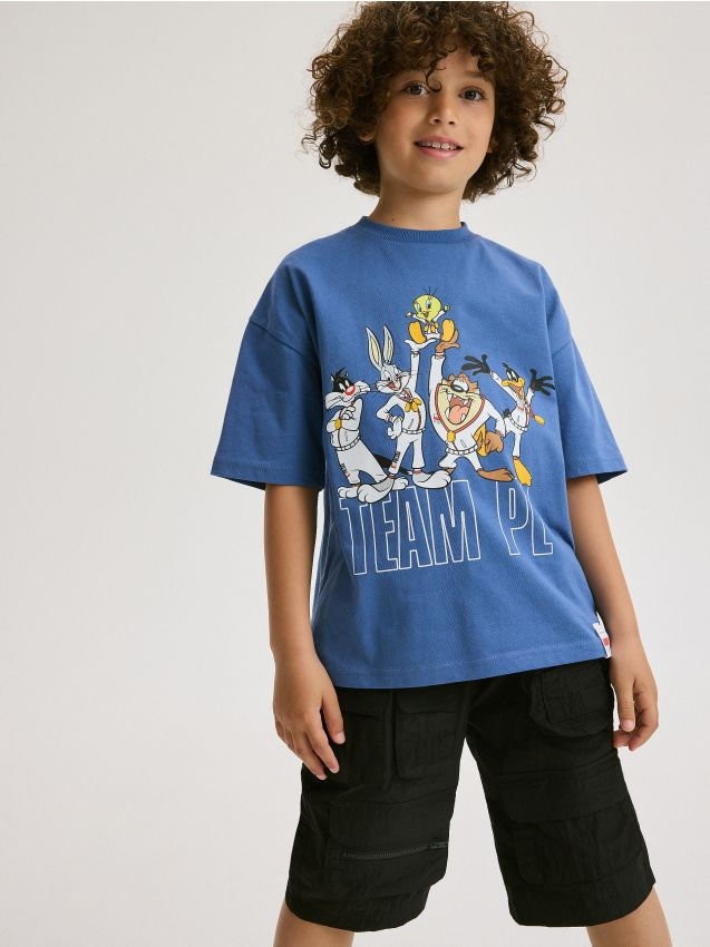 Reserved - T-shirt oversize Looney Tunes - niebieski