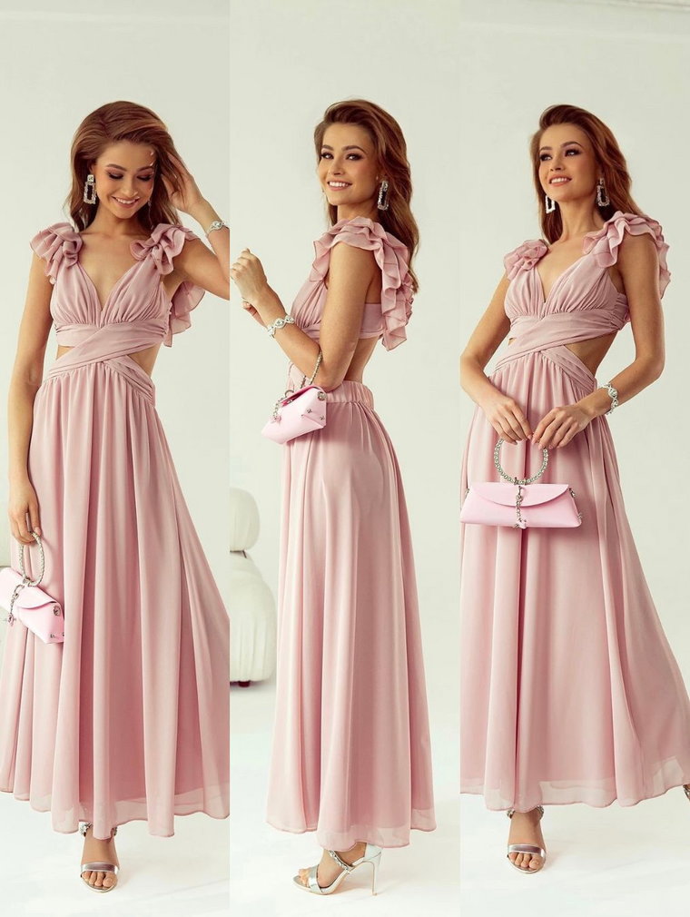 Amber sukienka pudrowy róż elegancka na wesele maxi z rozcięciem i falbanami