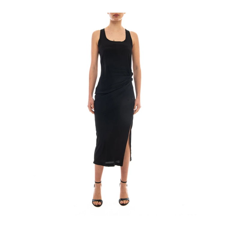 Czarna Sukienka Midi z Mieszanki Jedwabiu z Kwadratowym Dekoltem N21