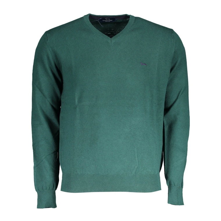Zielony Sweter z Bawełny, Długi Rękaw, Dekolt w szpic, Logo Harmont & Blaine