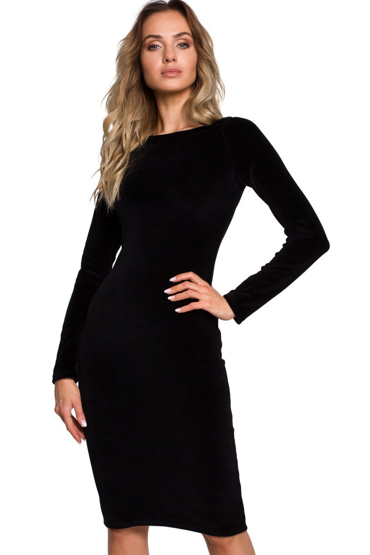 Sukienka welurowa ołówkowa dopasowana z długim rękawem czarna