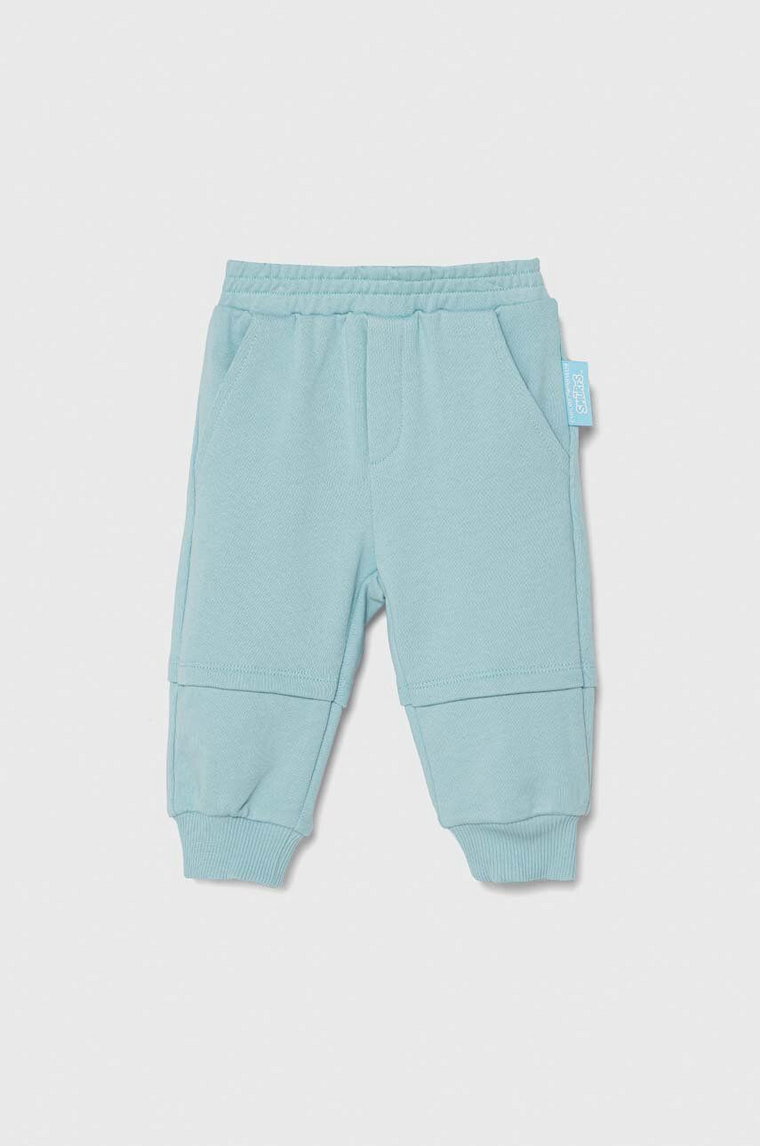 Emporio Armani spodnie dresowe bawełniane niemowlęce x The Smurfs kolor turkusowy gładkie