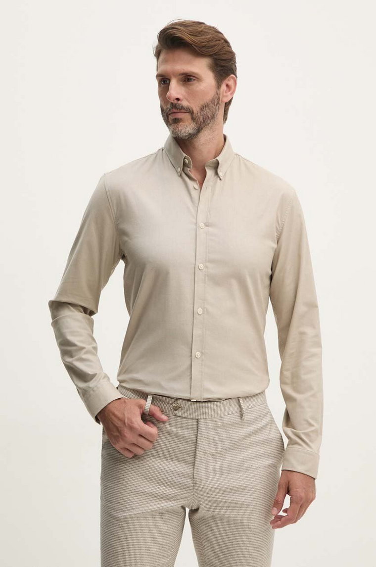 Lindbergh koszula męska kolor beżowy slim z kołnierzykiem button-down 30-203174