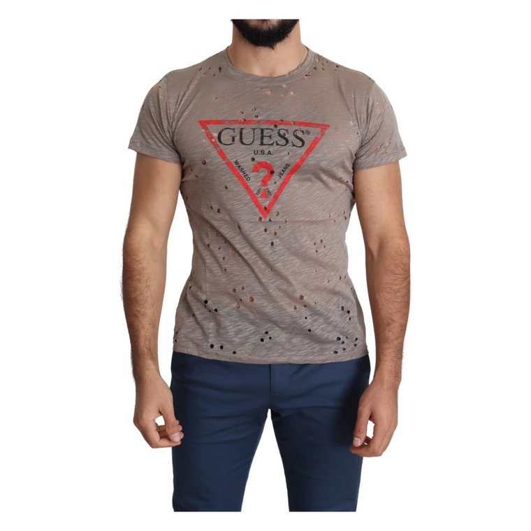 Brązowa Bawełniana Koszulka Męska z Logo Guess
