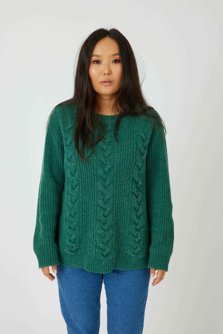 Wełniany sweter z warkoczami : Kolor - Butelkowa zieleń, Rozmiar - XS/S