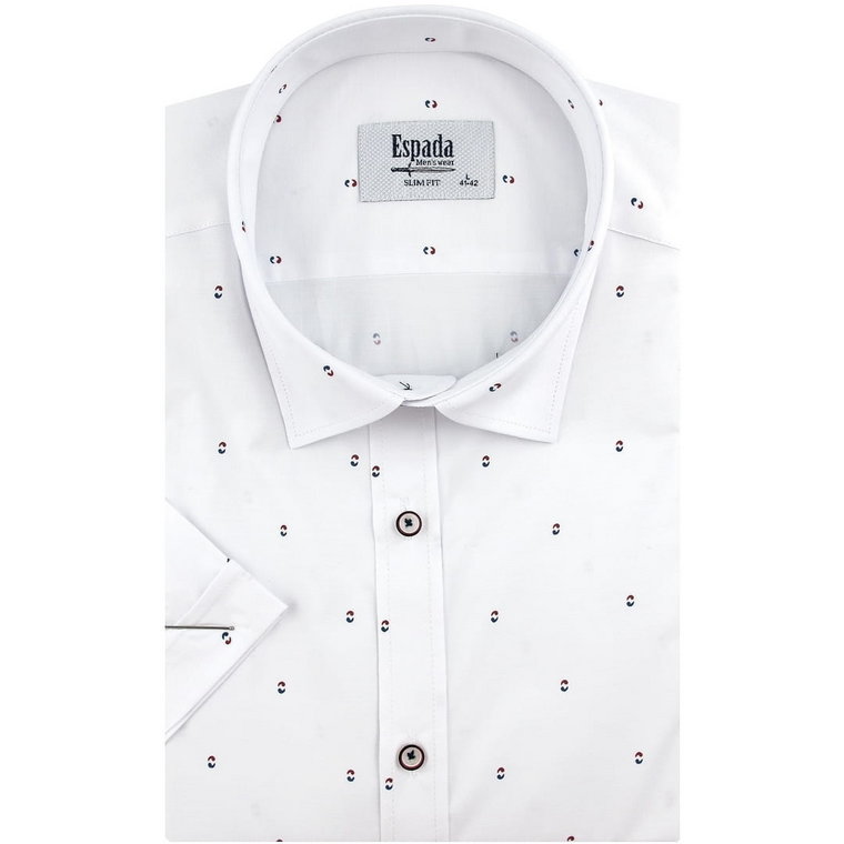 Koszula Męska Elegancka Wizytowa do garnituru biała we wzorki z krótkim rękawem w kroju SLIM FIT Espada Men's Wear P015