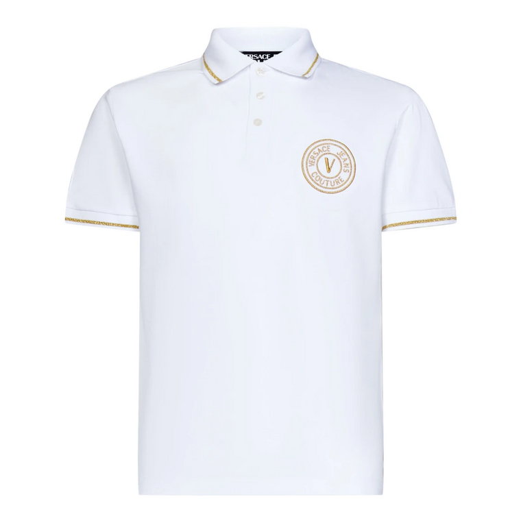 Biała bawełniana koszulka polo z logo złotym emblematem V Versace Jeans Couture