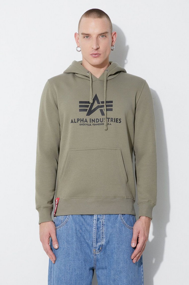 Alpha Industries bluza Basic Hoody męska kolor zielony z kapturem z nadrukiem 178312.11