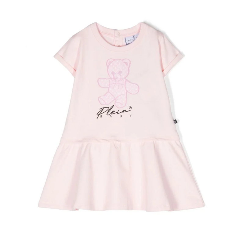 Sukienka dla dzieci - Różowa z Niedźwiedziem i Nadrukiem Logo Philipp Plein