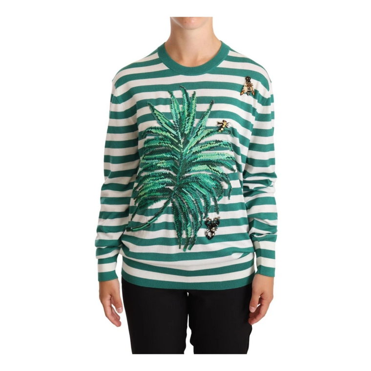 Green Banana Leaf Applique Crystal Sweater Dolce & Gabbana