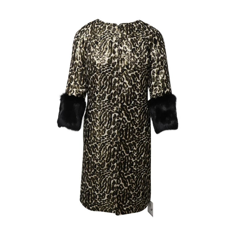 Tory Burch Animal Print Jacquard Coat with Fur Sleeves in Multicolor Silk Tory Burch