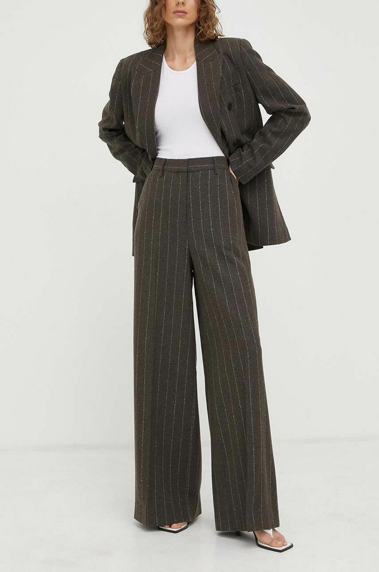 Remain spodnie wełniane kolor brązowy szerokie high waist