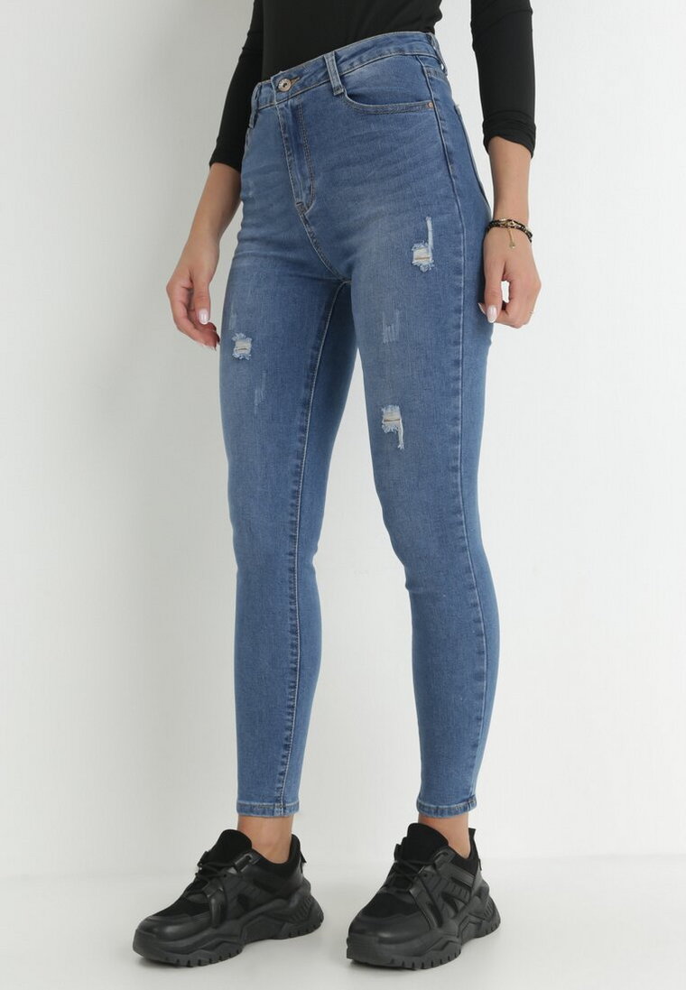 Granatowe Jeansy Skinny z Przetarciami Cilna