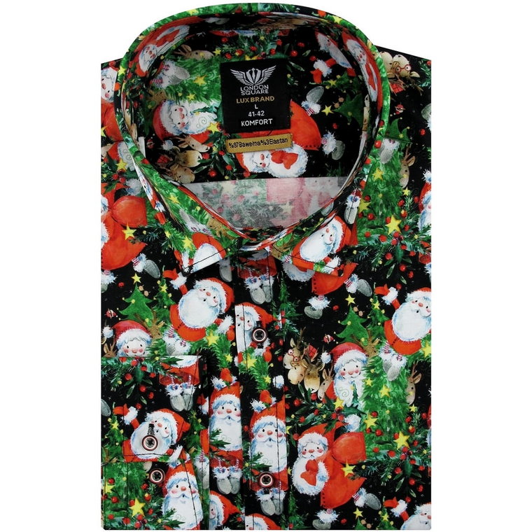 Koszula Męska na Święta Bożego Narodzenia czarna z Motywem Świątecznym z długim rękawem w kroju REGULAR London Square E984