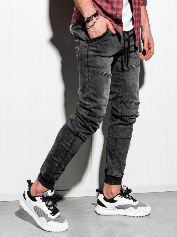 Spodnie męskie marmurkowe JOGGERY z przeszyciami -  czarne V4 OM-PADJ-0108