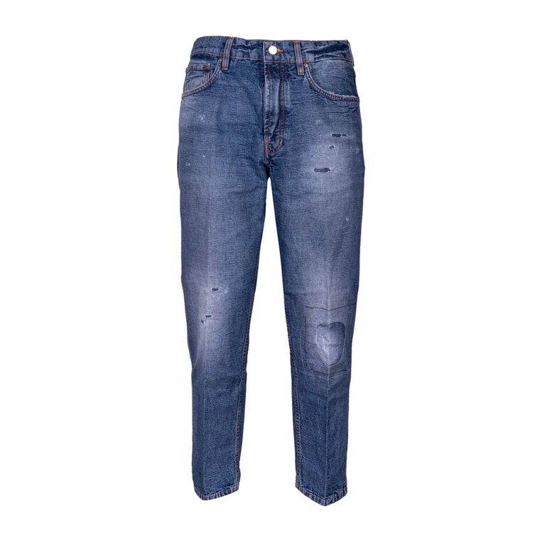 Męskie jeansy w fasonie carrot fit z przetarciami na kolanach i efektem łaty. Niski stan. Wyprodukowane we Włoszech Don The Fuller