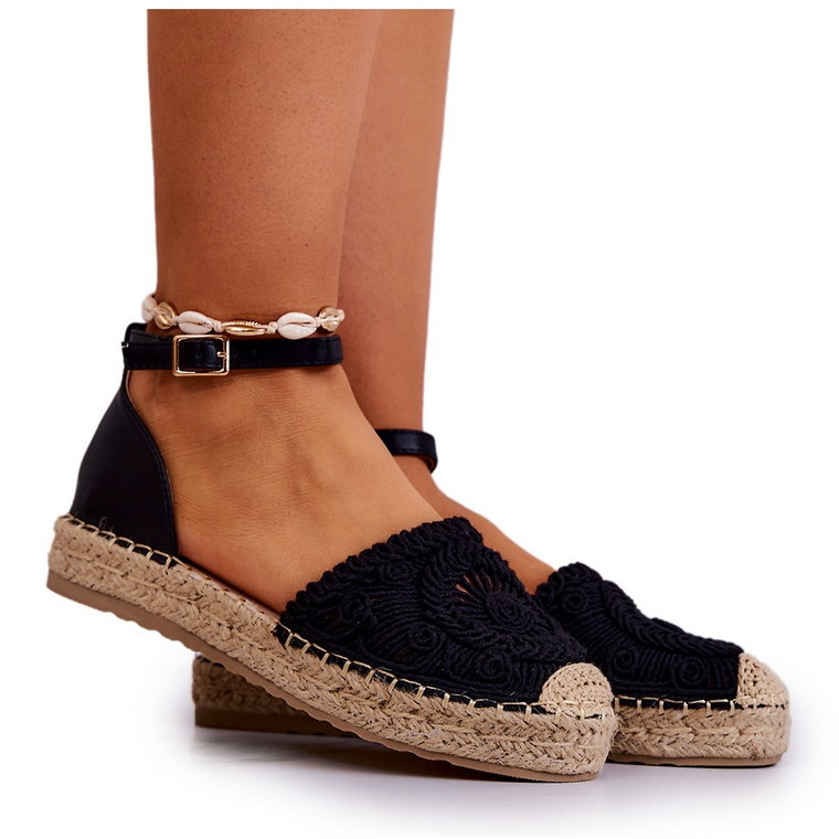 FE1 Damskie Espadryle Na Plecionej Platformie Czarne Calise