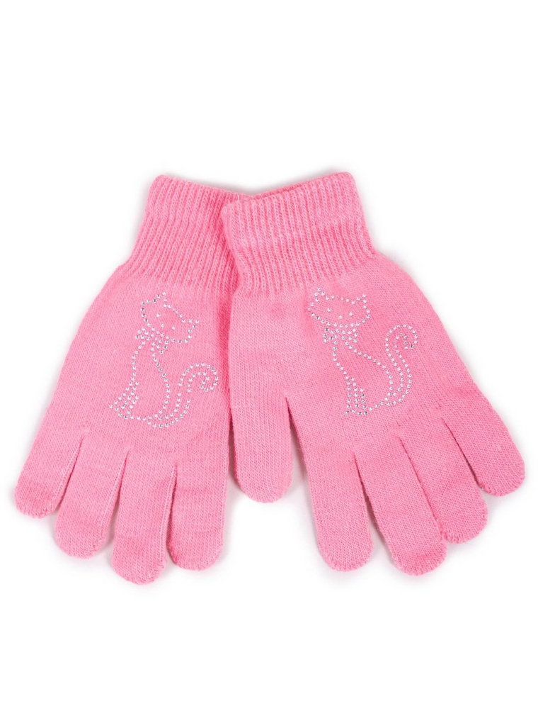 Rękawiczki dziewczęce pięciopalczaste z jetami różowe z kotkiem 18 cm YOCLUB
