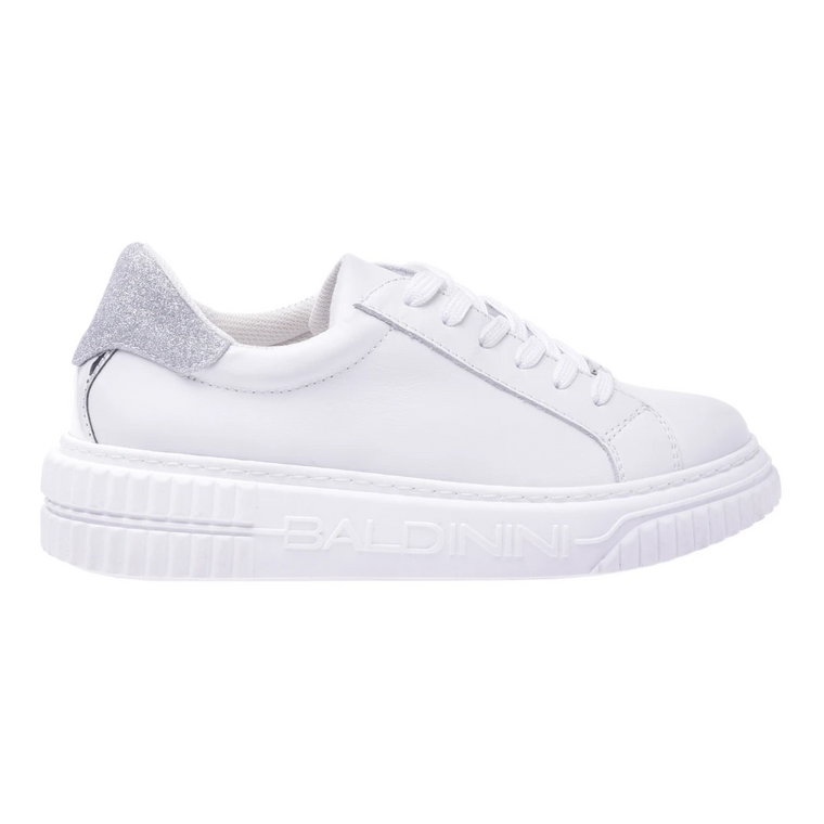 Tennis shoes in white calfskin and silver glitter fabric Baldinini