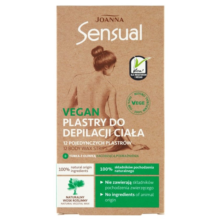 Joanna, Sensual, plastry do depilacji ciała Vegan - Naturalny Wosk Roślinny, 12 szt.