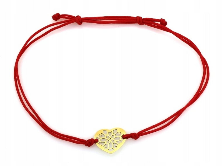 Złota bransoletka Sznurkowa 585 ażurowe Serce czerwony sznurek