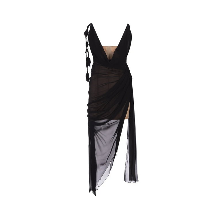 Czarna jedwabna sukienka bez rękawów z drapowanym dekoltem i haftowanymi frędzlami Blumarine