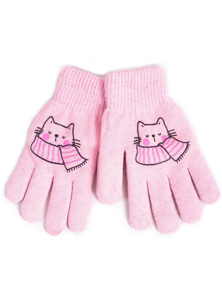 Rękawiczki dziewczęce pięciopalczaste dwuwarstwowe różowe z kotkiem 20 cm YOCLUB