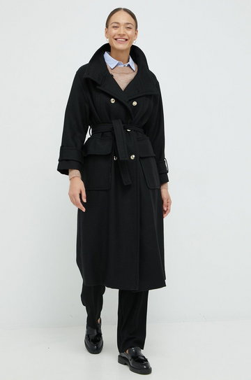 Sisley płaszcz wełniany kolor czarny przejściowy dwurzędowy