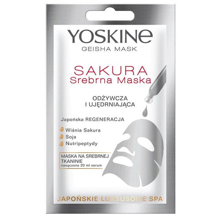 Yoskine, Geisha Mask Sakura, Srebrna maska na tkaninie odżywcza i ujędrniająca, 20 ml