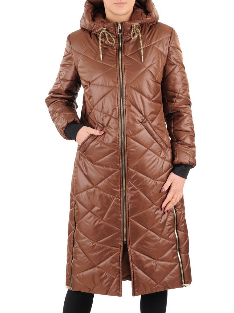 Długi brązowy płaszcz z ozdobnymi zamkami 37401