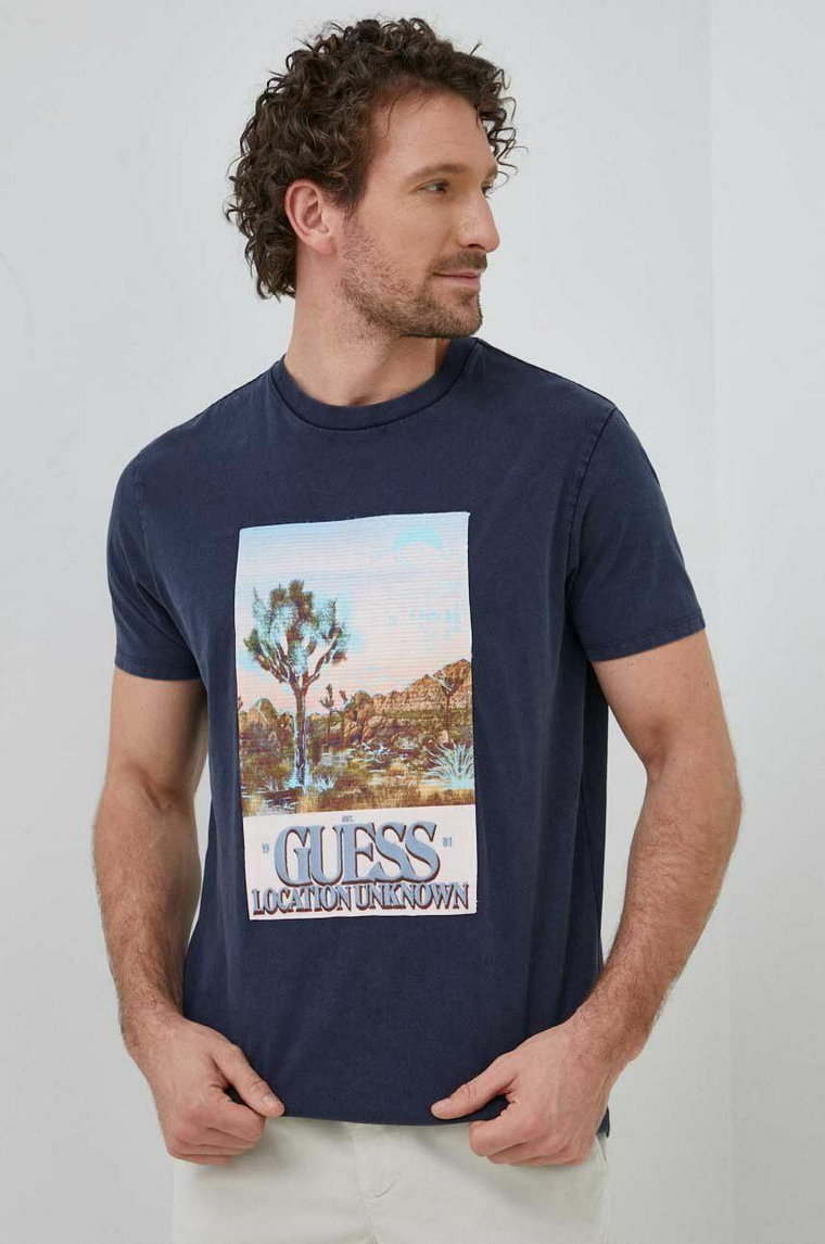 Guess t-shirt bawełniany kolor granatowy z nadrukiem