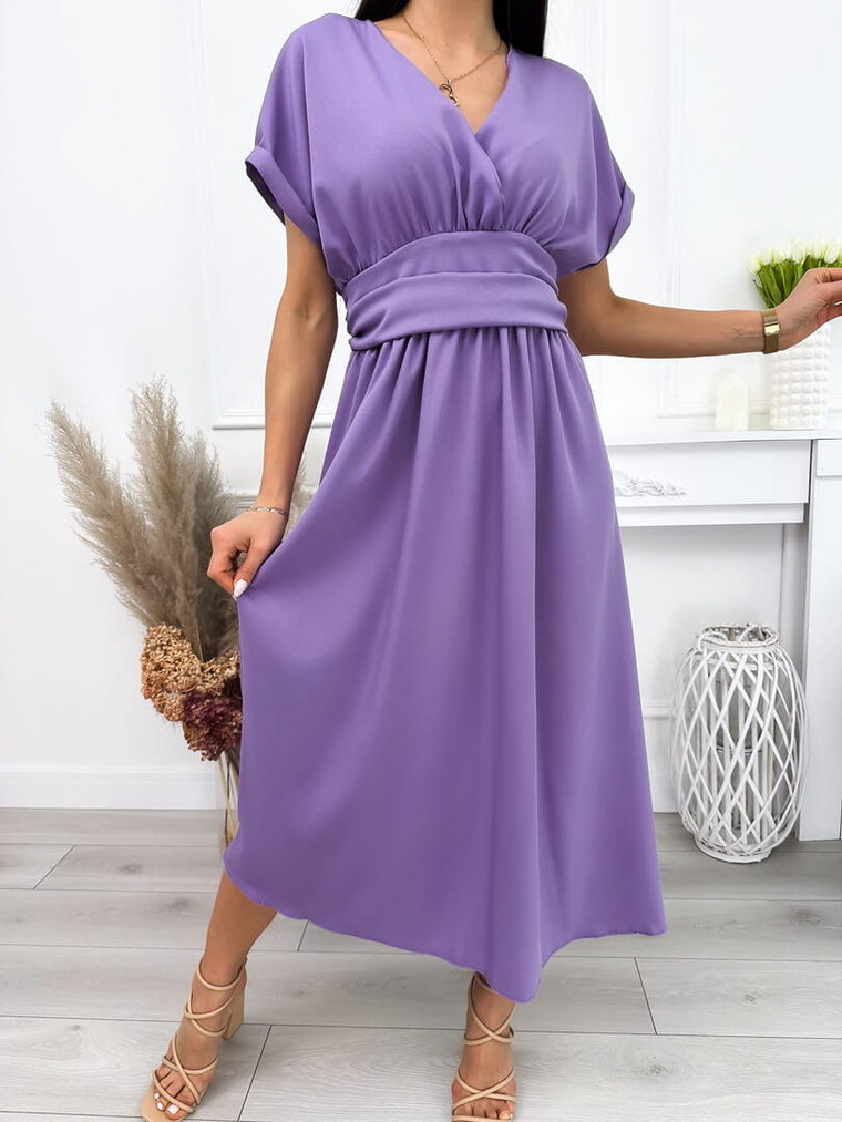 Fioletowa Sukienka z Kopertowym Dekoltem