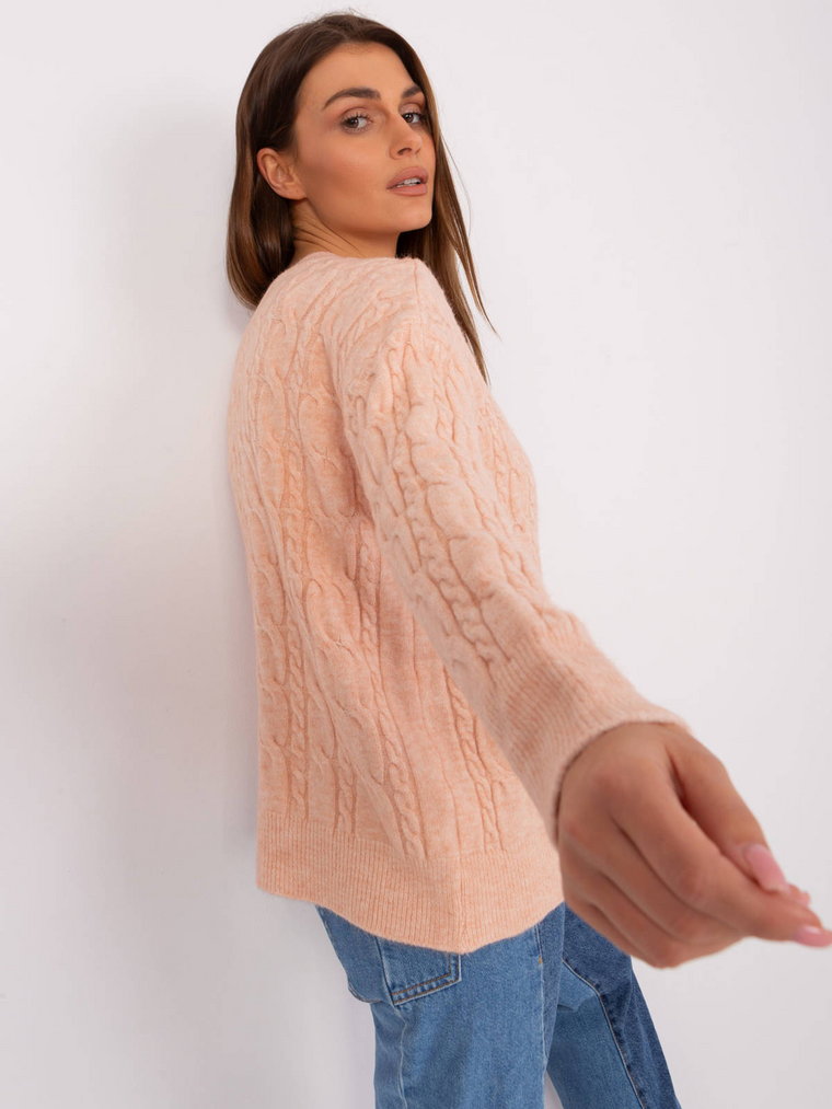 Sweter z warkoczami brzoskwiniowy casual dekolt okrągły rękaw długi